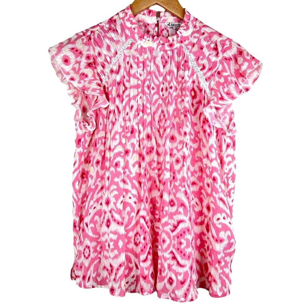 Nanette Lepore pink ikat pintuck lace short bell sleeve blouse small